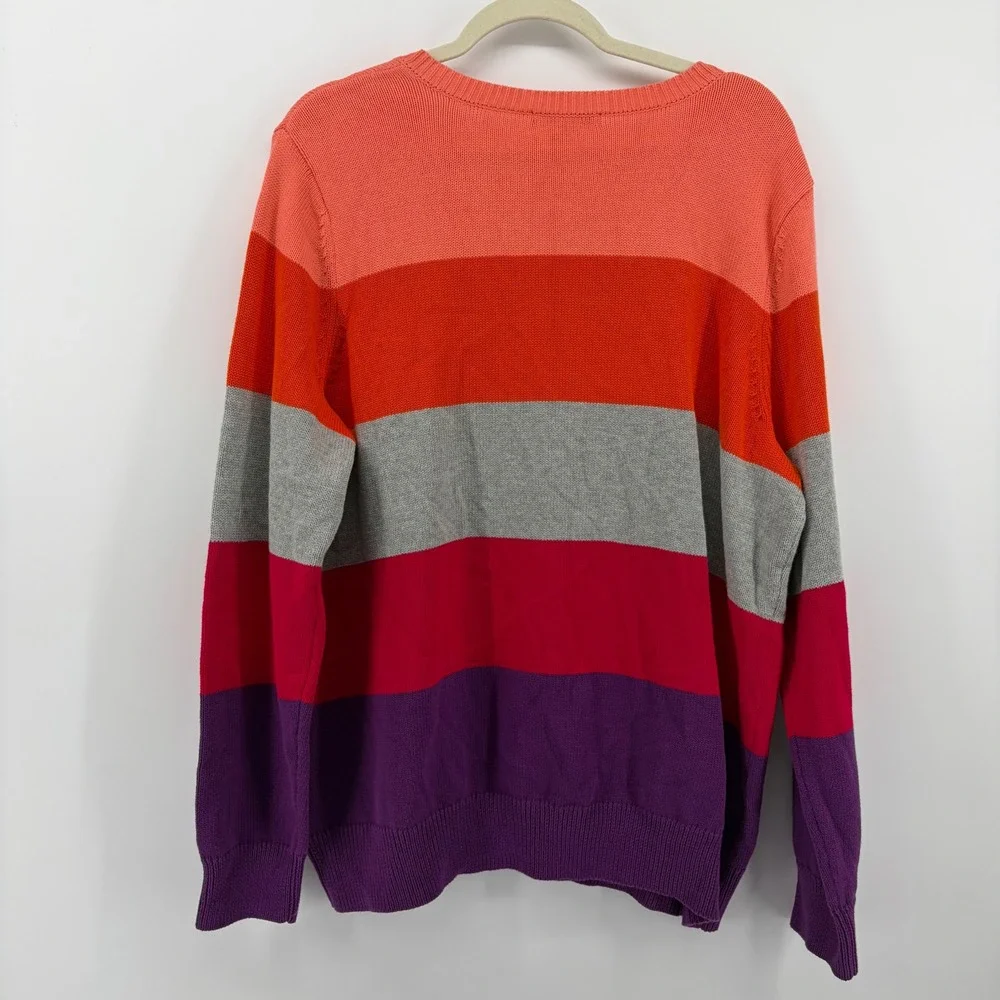 Liz Claiborne Sweater‎ 2X Multicolor Striped V-Neck 100% Cotton Knit Pullover